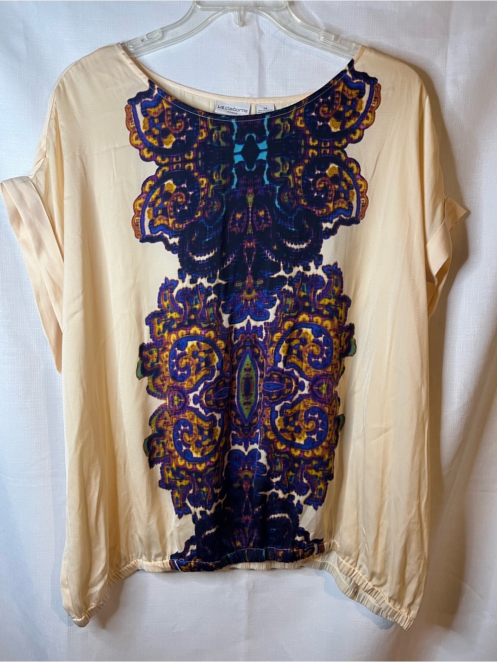 Liz Claiborne Cream Tunic with Multicolor Medallion Panel *flaw see photo